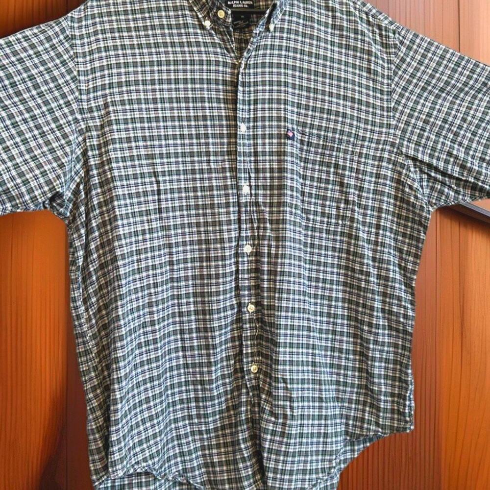 Vtg Polo Ralph Lauren Shirt Mens XL Blue Green Plaid Short Sleeve Button Preppy
